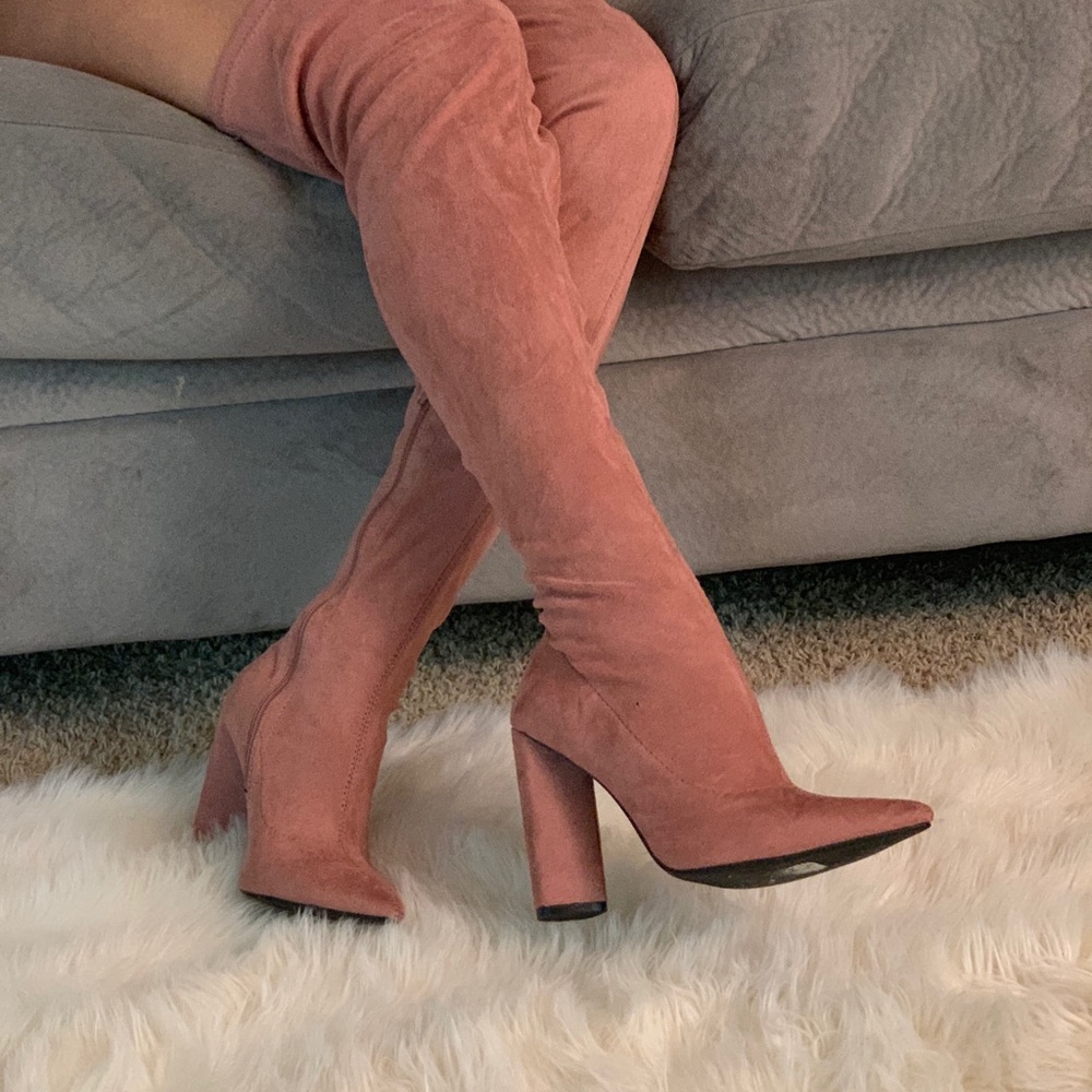 Thigh High Blush Pink Faux Suede Block Heel Boots